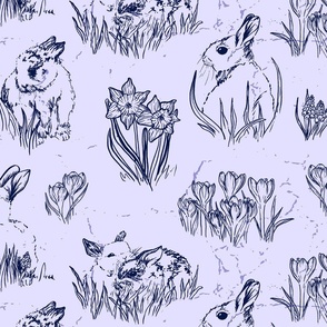 Cute Bunnies and Flowers Easter Toile de Jouy with Daffodils, Crocus, and Muscari - Lavender and Navy