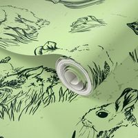 Cute Bunnies and Flowers Easter Toile de Jouy with Daffodils, Crocus, and Muscari - Spring Green & Dark Green