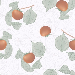 Elegant Persimmon Fruits w/ branches and leaves on a cream background