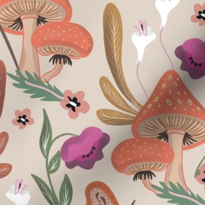 Mushrooms and Butterflies Floral Pattern