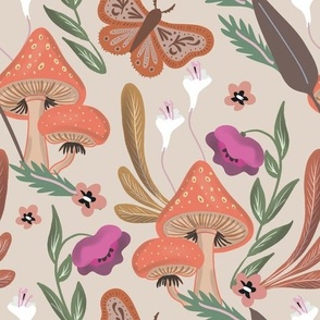 Mushrooms and Butterflies Floral Pattern