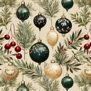 Victorian Christmas Ornaments and Berries in Red, Green, and Ivory