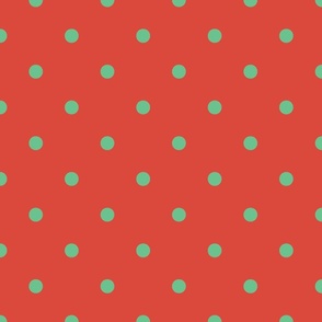 Green Polka Dots on Vintage Christmas Red Vermillion 