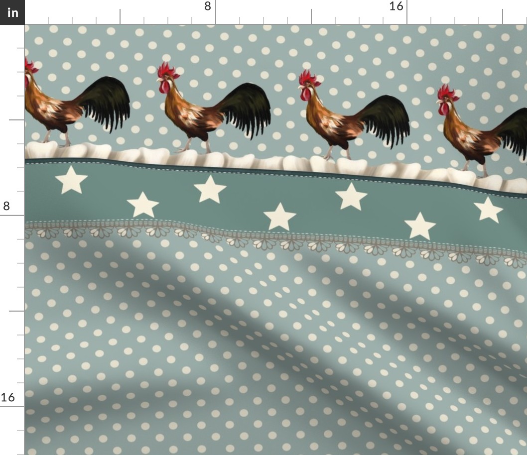 farmhouse pattern with polka dots, stars and rooster, large scale