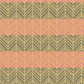 Golden herringbone on pink and green horizontal stripes