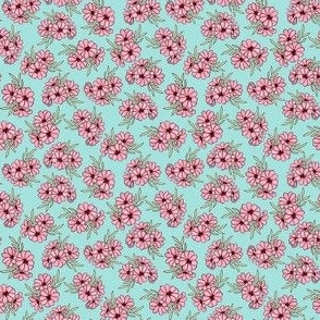 Tossed Floral Pink on  Aqua Small Scale