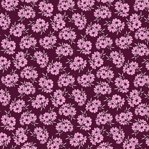 Tossed Flora Bright Pink on Burgundy Small Scale
