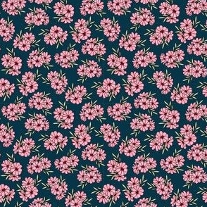 Tossed Floral Pink on Deep Blue Small Scale