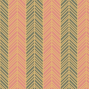 Golden herringbone on pink and green vertical stripes
