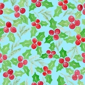 Holly and Pine Holiday Pattern on Light Blue