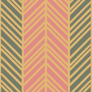 Golden herringbone on pink and green vertical stripes - big scale