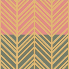 Golden herringbone on pink and green horizontal stripes - big scale