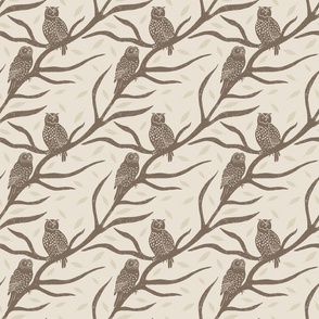 Block print pattern of owls branches and leaves on a cream background. (Small)