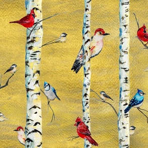 LARGE Birch trees & Winter Birds Painted in Watercolor - Cardinals Blue jays Chickadees Red Bellied Woodpecker, Gold Sunlit Forest