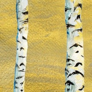 LARGE Paper White Birch Tree Forest - Woods Vertical Stripe Painted in Watercolor on Yellow Gold