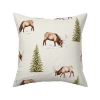 LARGE Elk herd with racks of antlers in snow with evergreen pine trees winter toile de jouy 