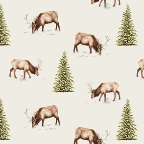 LARGE Elk herd with racks of antlers in snow with evergreen pine trees winter toile de jouy 