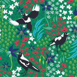 Merry Magpies Green Australiana Native Floral