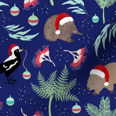 Christmas Animals Wombats Magpies Echidnas on Blue