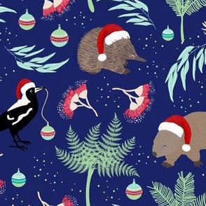 Christmas Animals Wombats Magpies Echidnas on Blue