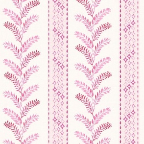 Watercolor Grandmillennial climbing vine leaves and stripes - pink plum