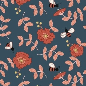 Bees and flowers on moody blue - medium size