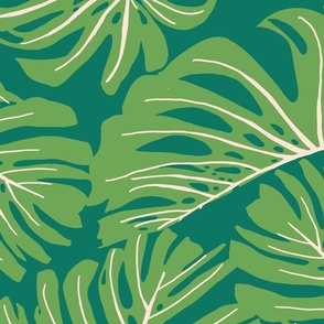 Hand Drawn Monstera Leaves in Bold Colors - (Large) - ivory, lime green, dark green background