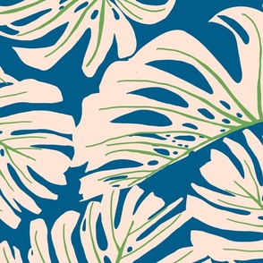 Hand Drawn Monstera Leaves in Bold Colors - (Large) - lime green, ivory, blue background