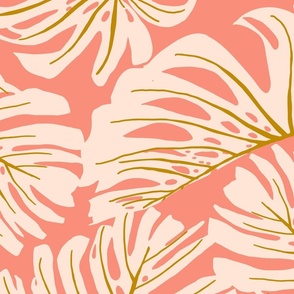 Hand Drawn Monstera Leaves in Bold Colors - (Large) - goldenrod, ivory, pink background