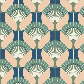 Medium-scale fan stylization in Art Deco, Gray-green on a gray-blue background
