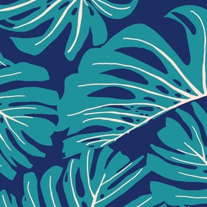 Hand Drawn Monstera Leaves in Bold Colors - (Large) - ivory, teal, blue background