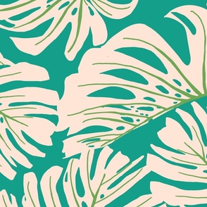 Hand Drawn Monstera Leaves in Bold Colors - (Large) - lime green, ivory, teal background