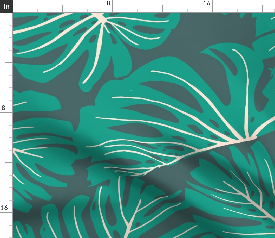 Hand Drawn Monstera Leaves in Bold Colors - (Large) - ivory, green, dark green background