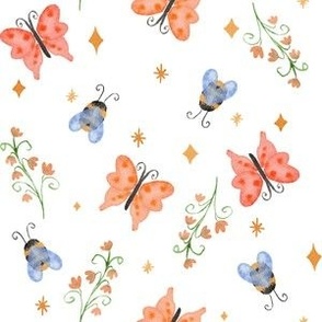 Butterflies and bees with flowers / medium/ whimsical watercolor insects for baby and kids nursery wallpaper. fairycore collection