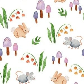 watercolor bunnies, mice, mushrooms and flowers / medium / whimsical woodland for girls 