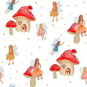 Whimsical watercolor fairies and toadstools / medium / fairycore magical woodland forest with fairy dust, pixies and mushrooms