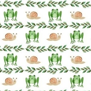 frogs and snails, watercolor woodland creatures with leaves / medium/ cute frogs and snails for baby boys in green and brown on white