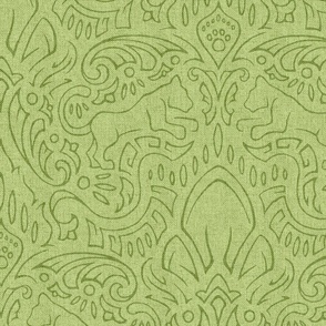 Leaping Panther Damask Light Moss Green (Large Scale)