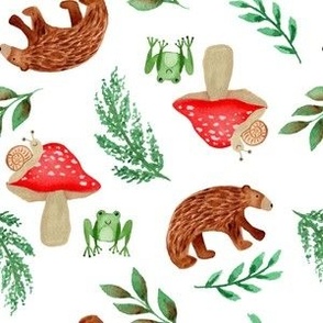 Bear, frog and snail, whimsical watercolor woodland on white / medium / for baby boy