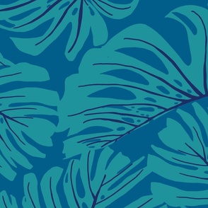 Hand Drawn Monstera Leaves in Bold Colors - (Large) - dark blue, teal, royal blue background