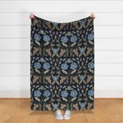 Dark Navy Blue Hand Painted Floral - Historical Style - Texture