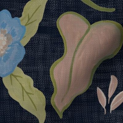 Dark Navy Blue Hand Painted Floral - Historical Style - Texture