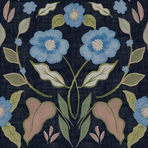 Dark Navy Blue Hand Painted Floral - Historical Style - Texture