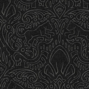 Leaping Panther Damask Charcoal Black (Large Scale)