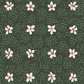 boho flower blossoms and polka dots in dark green, sage green and pink / small / autumn floral, fall floral