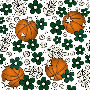 Large Scale Team Spirit Basketball Floral in Milwaukee Bucks Colors Green and Cream