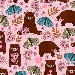 Valentine Hollow Bears with flowers, watercolor hearts and floral moths on Pink Medium scale