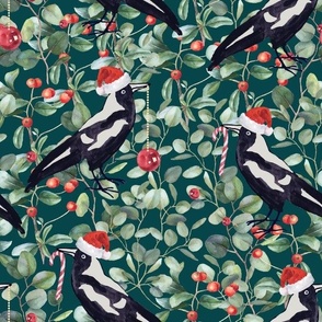 Magpies Christmas Holidays Birds Baubles Australiana Christmas Fabric Green