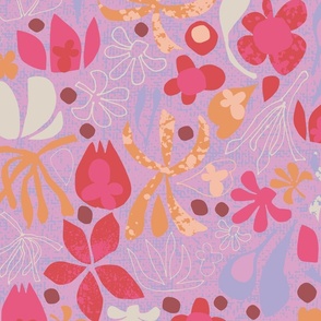 (M) Abstract Botanical Floral in Peach Fuzz, Coral and Lilac on a Lavender background