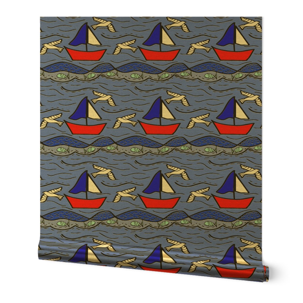 Block Print Red White Blue Sailboat Seagulls